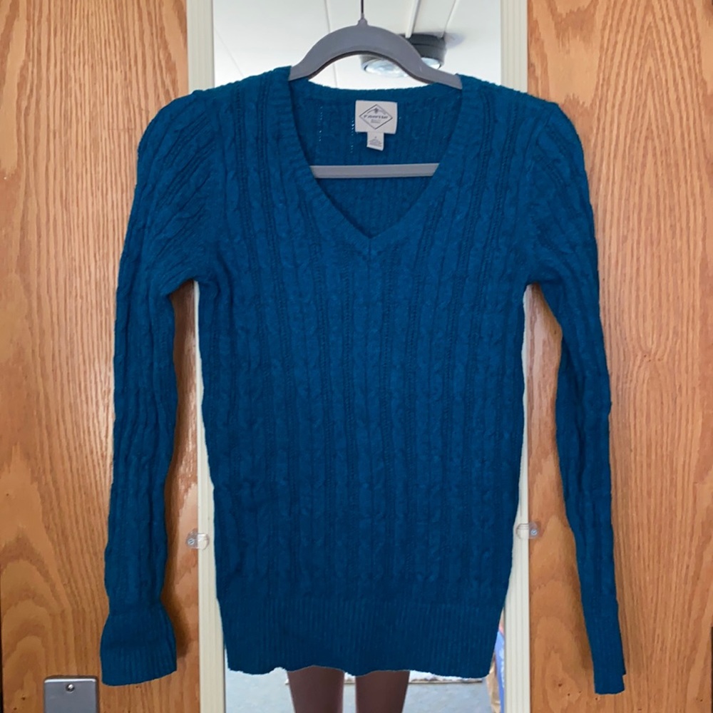 St. John’s Bay- blue vneck sweater, very warm and fits nicely.